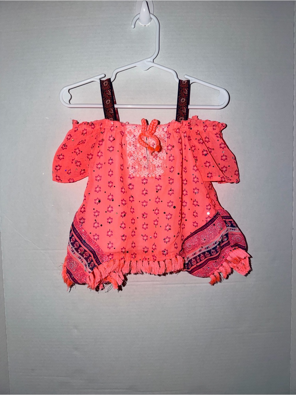 Little Lass Neon Coral Off-Shoulder Tassel Tank Top
